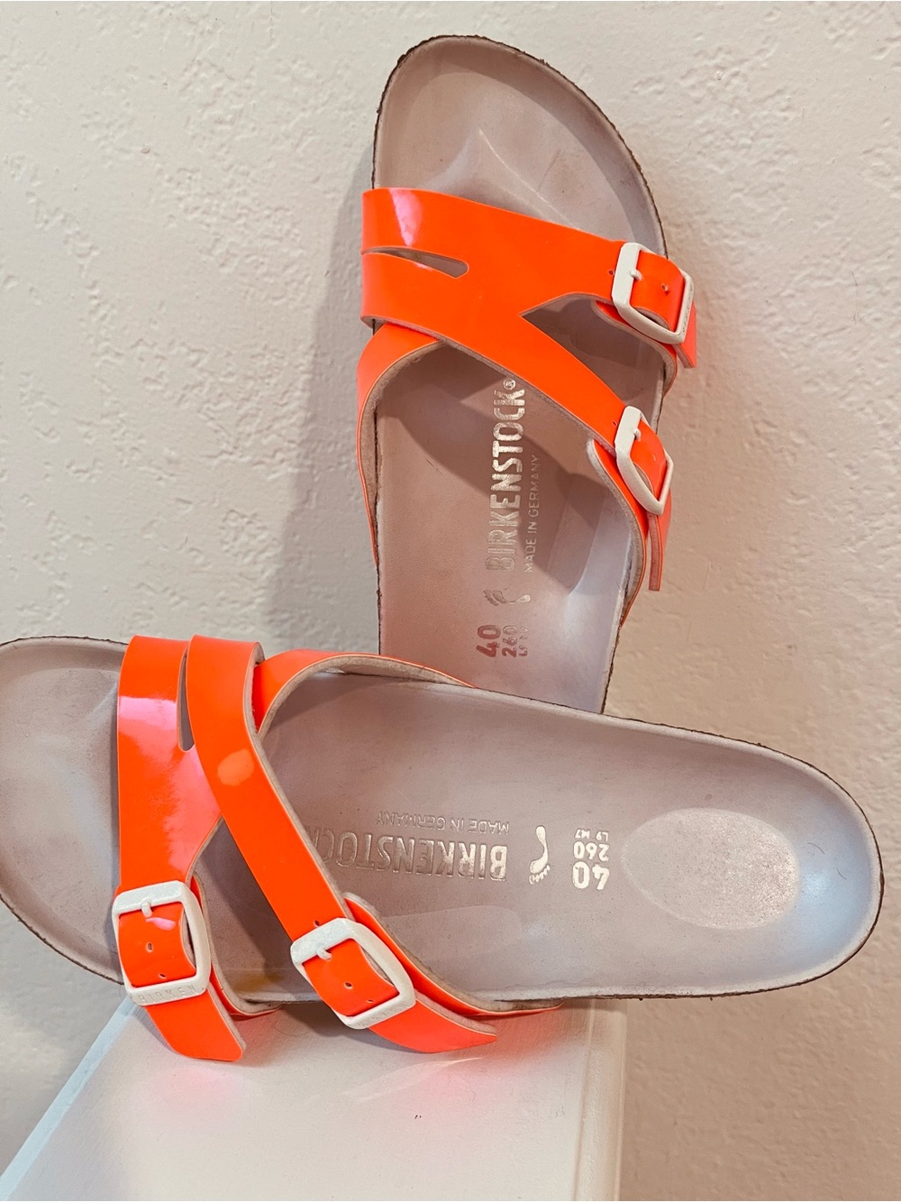 Birkenstock Arizona Bright Orange Patent Strap Sandals